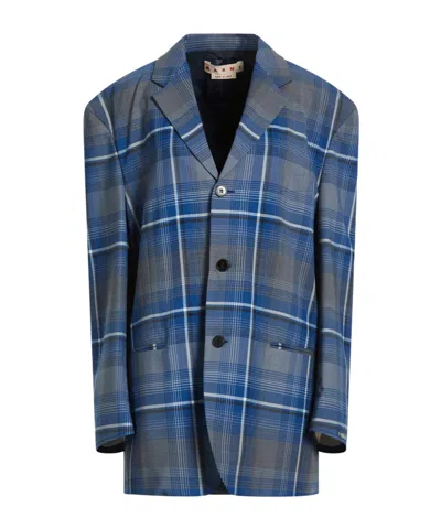 Marni Plaid Patterned Single Breasted Blazer In Blue