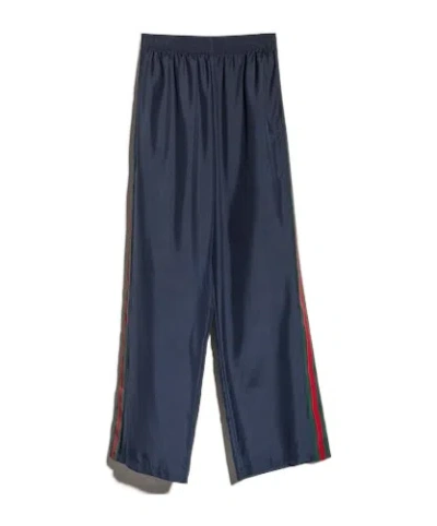 Gucci Technical Silk Poplin Pants With Web In Blue