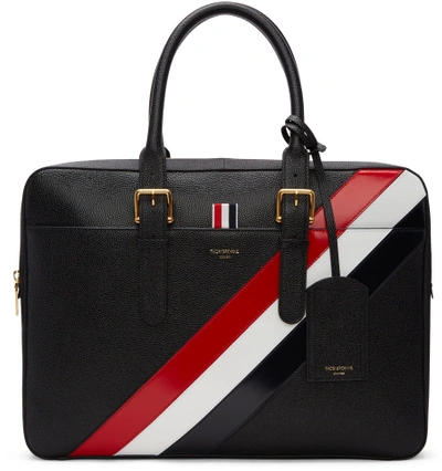 Thom Browne Business Bag With Red, White And Blue Diagonal Stripe In Pebble And Calf Leather In Black