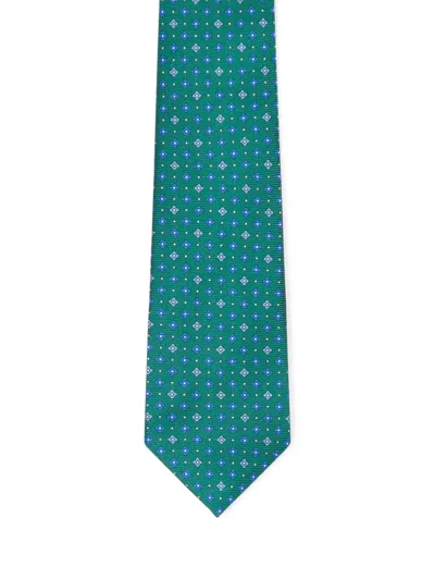 Kiton Fabric Tie With Micro Geometric Pattern In Green