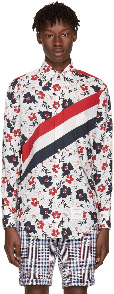 Thom Browne Floral And Stripe-print Classic-fit Cotton Shirt In Rwbwht