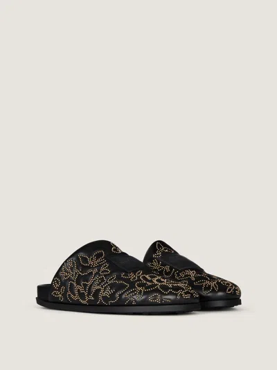 Givenchy Label Flat Mules In Leather With Studs In Black/gold