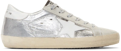 Golden Goose Superstar Distressed Metallic Leather And Suede Sneakers In Silver