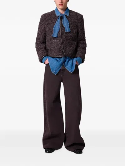 Msgm Bouclé-texture Leather-trim Jacket In Gray