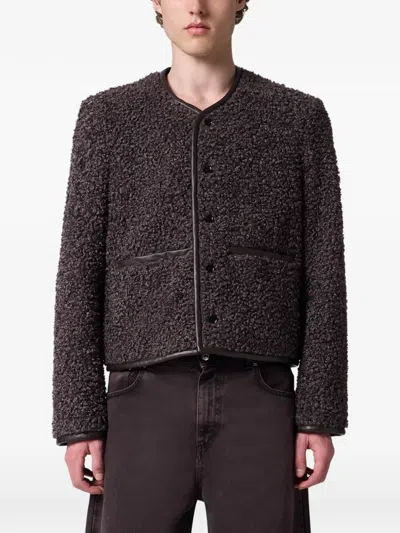 Msgm Bouclé-texture Leather-trim Jacket In Gray