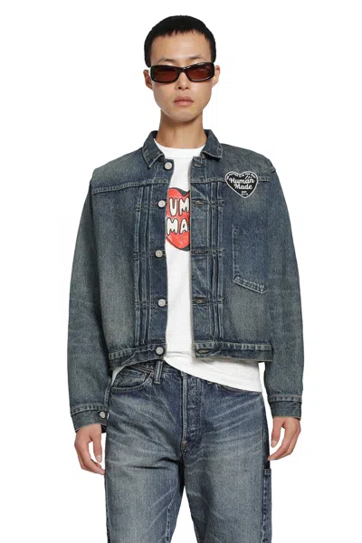 Human Made Logo-patch Pleated Denim Jacket In Blue