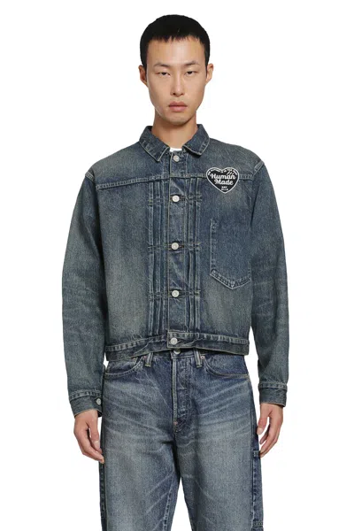 Human Made Logo-patch Pleated Denim Jacket In Blue