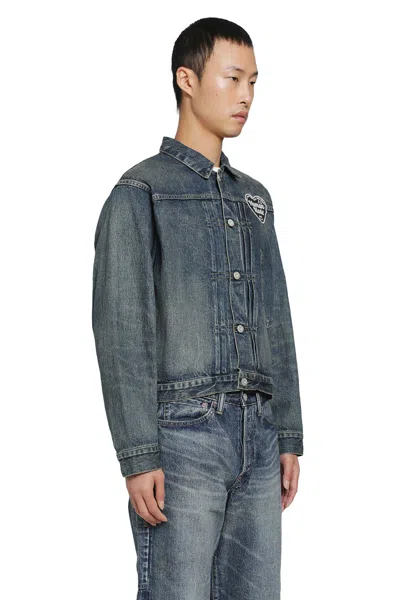 Human Made Logo-patch Pleated Denim Jacket In Blue