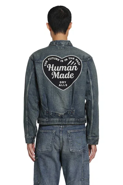 Human Made Logo-patch Pleated Denim Jacket In Blue