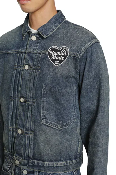Human Made Logo-patch Pleated Denim Jacket In Blue