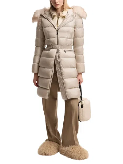 Moncler Boedic Hooded Shearling-trimmed Long Down Jacket In Neutral