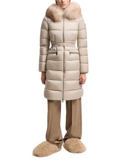 Moncler Boedic Hooded Shearling-trimmed Long Down Jacket In Neutral