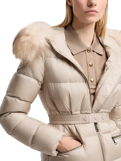 Moncler Boedic Hooded Shearling-trimmed Long Down Jacket In Neutral