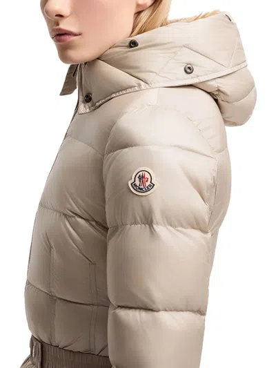 Moncler Boedic Hooded Shearling-trimmed Long Down Jacket In Neutral