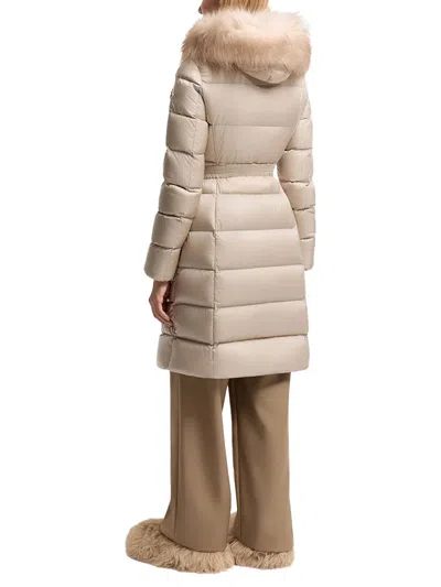 Moncler Boedic Hooded Shearling-trimmed Long Down Jacket In Neutral