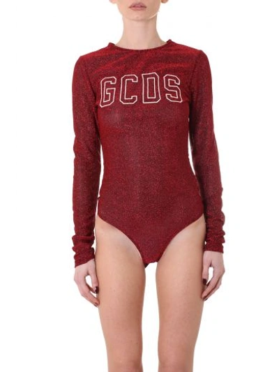 Gcds Logo Print Metallic Bodysuit In Rosso