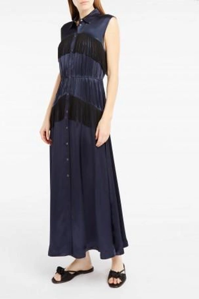 Ganni Donnelly Fringed Satin Midi Dress In Total Eclipse