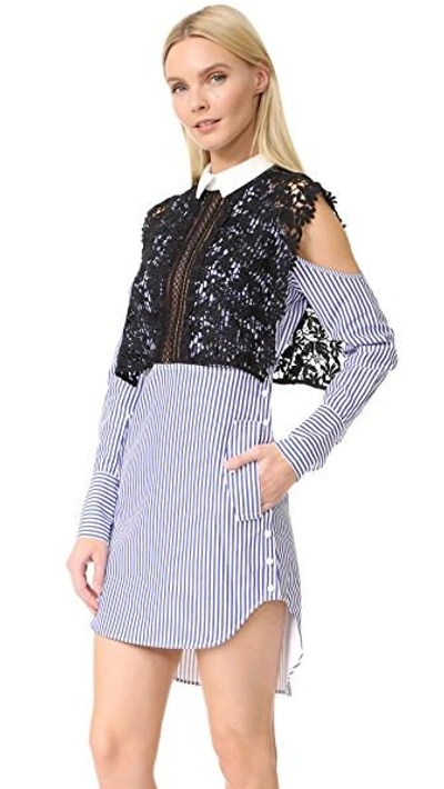 Shop Self-portrait Stripe Shirting Cape Dress In Navy
