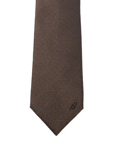 Brioni Herringbone-pattern Silk Tie In Brown