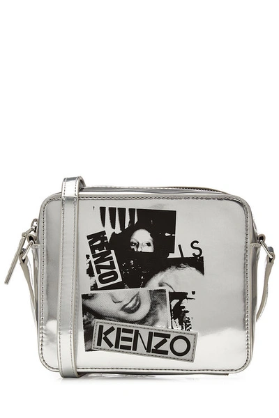 Kenzo Metallic Leather Shoulder Bag With Print In Silver