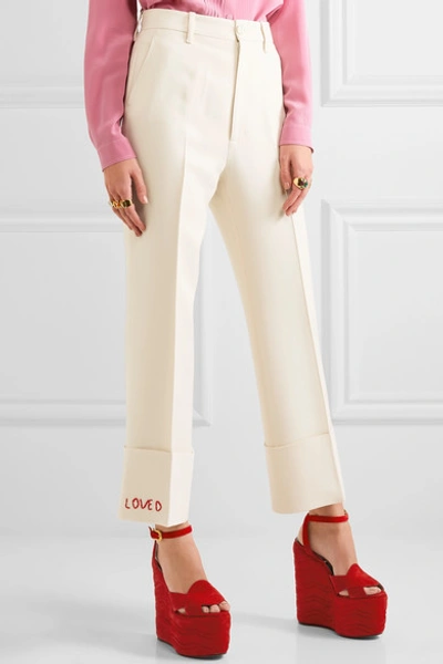 Shop Gucci Embroidered Wool And Silk-blend Flared Pants In Cream