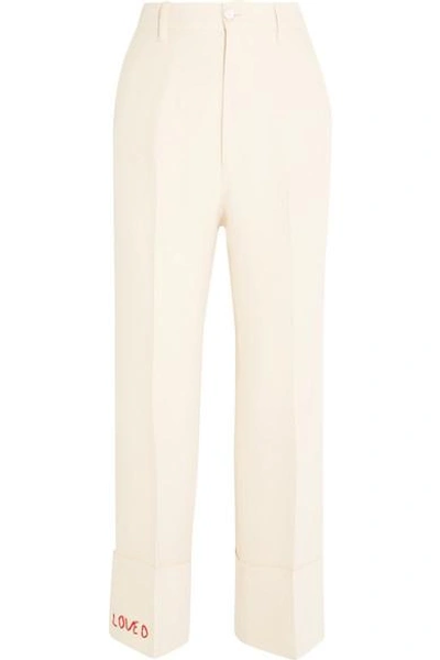 Shop Gucci Embroidered Wool And Silk-blend Flared Pants In Cream