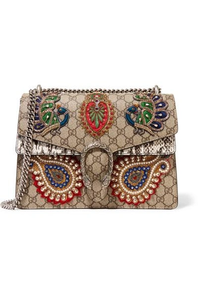 Shop Gucci Dionysus Medium Appliquéd Embellished Coated-canvas And Snake Shoulder Bag