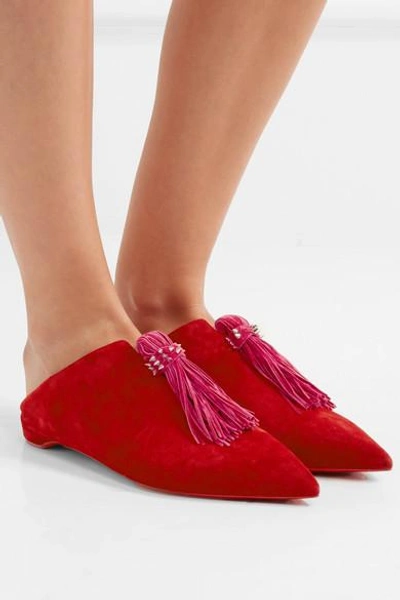 Shop Christian Louboutin Medinana Fringed Suede Collapsible-heel Slippers