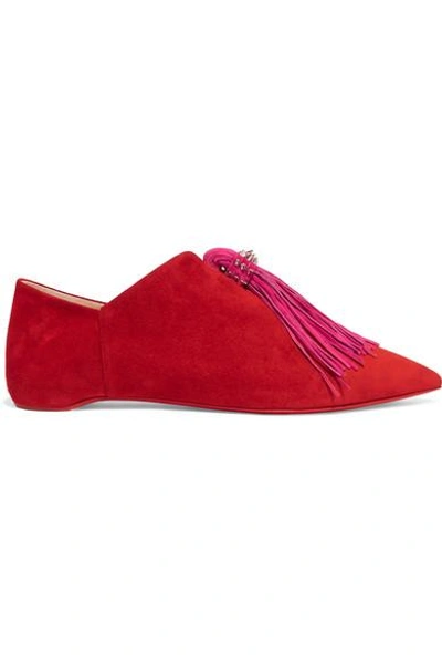 Shop Christian Louboutin Medinana Fringed Suede Collapsible-heel Slippers