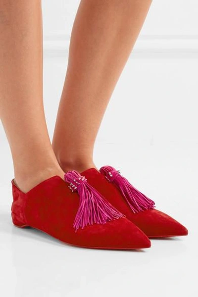 Shop Christian Louboutin Medinana Fringed Suede Collapsible-heel Slippers