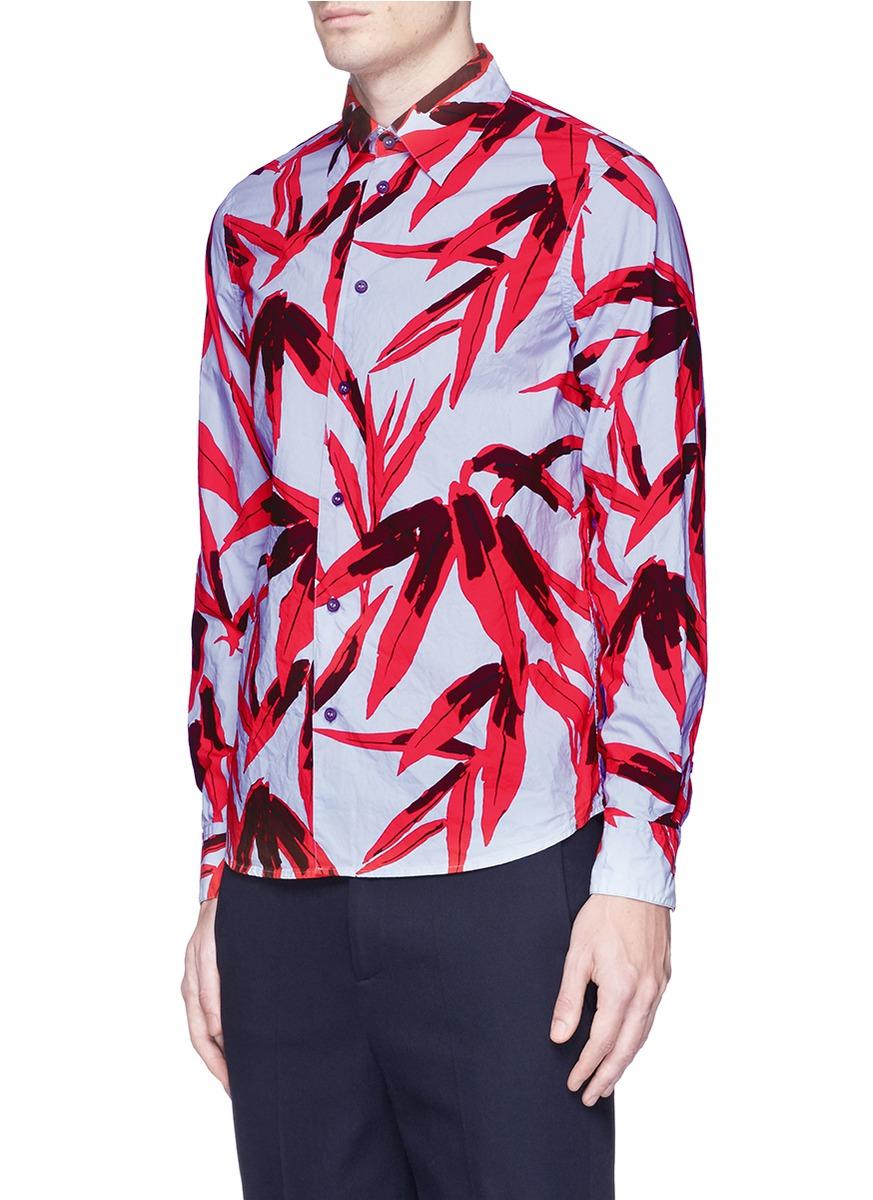 Marni Flower Print Washed Cotton Toile Shirt In Blue/red | ModeSens