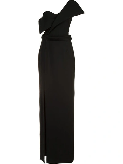 Brandon Maxwell Belted Foldover Neck Gown With High Slit In Black