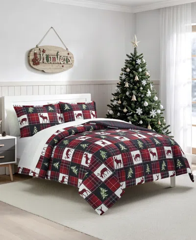Macy's Deer Check Reversible Microfiber 3-piece Comforter Set In Red
