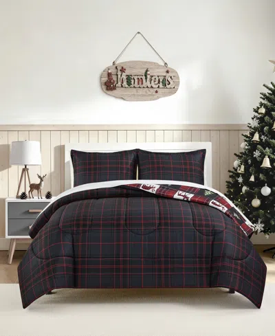 Macy's Deer Check Reversible Microfiber 3-piece Comforter Set In Red