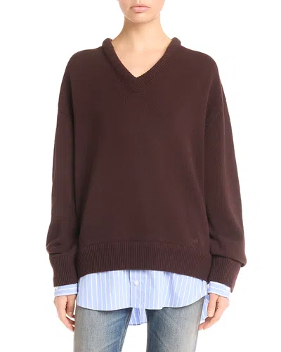 Acne Studios V Neck Pullover Wool Sweater Dark Brown In Brown