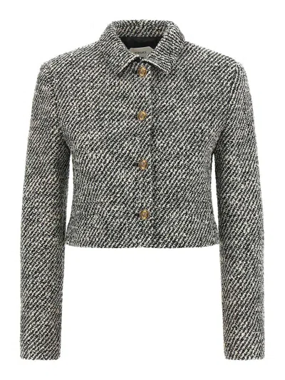 Versace Wool Boucle Jacket Contrast Buttons Cropped In Gray