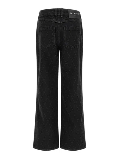 Balmain High Waist Quilted Wide Leg Denim Jeans In Blue