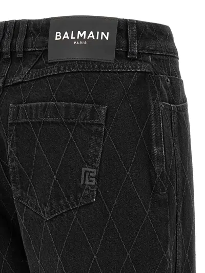 Balmain High Waist Quilted Wide Leg Denim Jeans In Blue