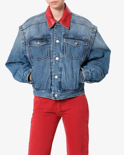 Isabel Marant Devyn Denim Jacket With Leather Collar In Multi
