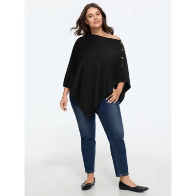 Bloomchic Asymmetric Drape Cowl Neck Lightweight Poncho Pullover In Black