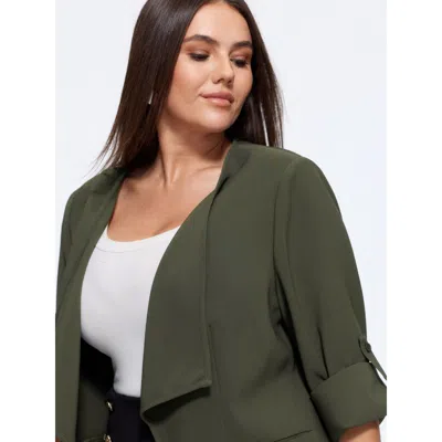 Bloomchic Stretch Lapel Collar Roll‑tab Sleeve Open‑front Blazer In Black