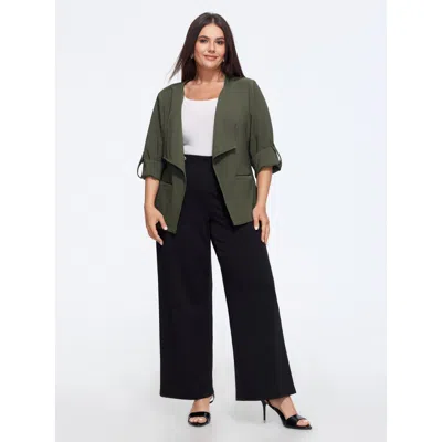 Bloomchic Stretch Lapel Collar Roll‑tab Sleeve Open‑front Blazer In Black