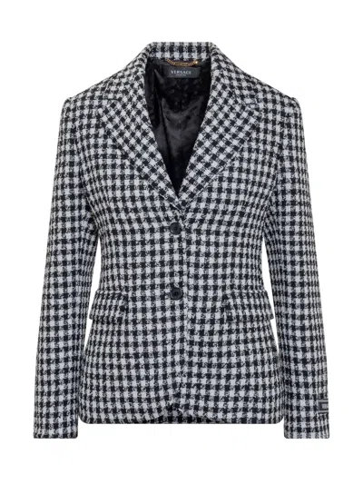 Versace Houndstooth Tweed Jacket With Notched Lapels In Multi