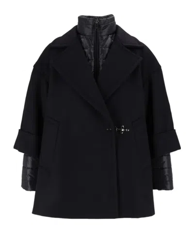 Fay Black Double-breasted Removable Down Lining Wool-blend Cape In Black