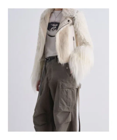 Fendi Blouson Ivory Patchwork Shearling Biker Jacket In Neutral