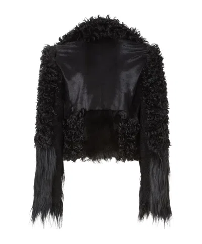 Fendi Blouson Black Patchwork Shearling Biker Jacket In Black