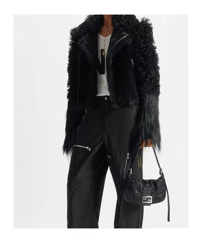 Fendi Blouson Black Patchwork Shearling Biker Jacket In Black