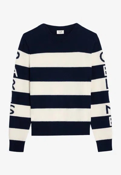 Celine Ecru And Navy Wool And Cashmere Blend Stripe Sweater In Multicolor