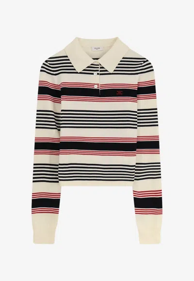 Celine Striped Cotton Knit Polo Sweater Long Sleeves In Multi