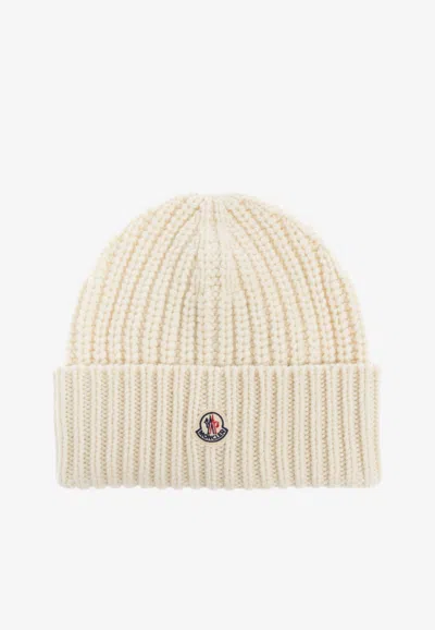Moncler Logo Patch Rib Knit Beanie In Cream
